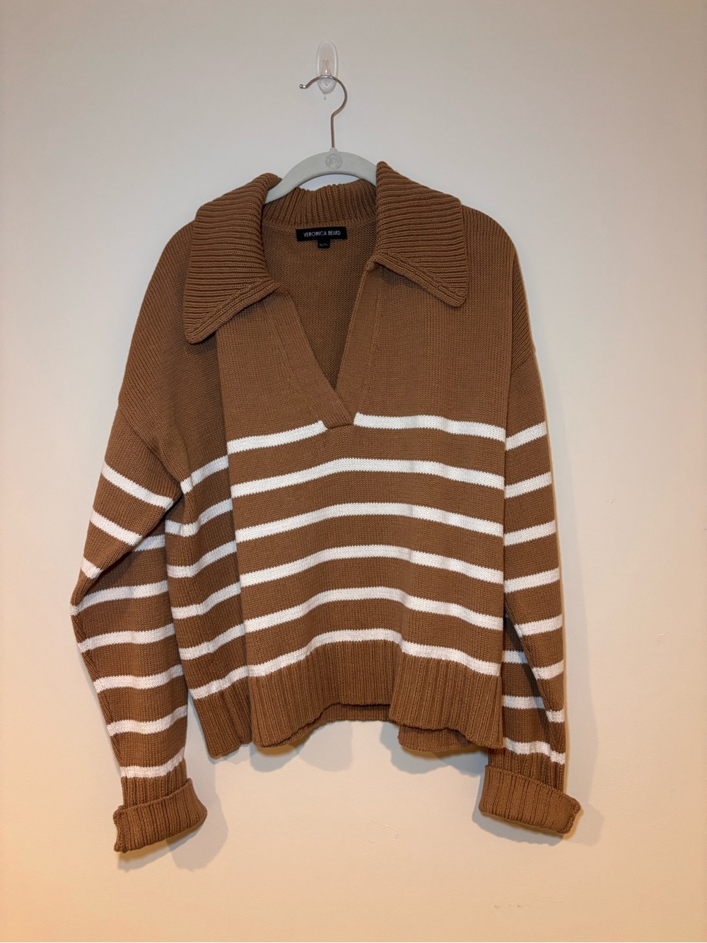 Veronica Beard Brown and White Striped V-Neck Collar Sweater